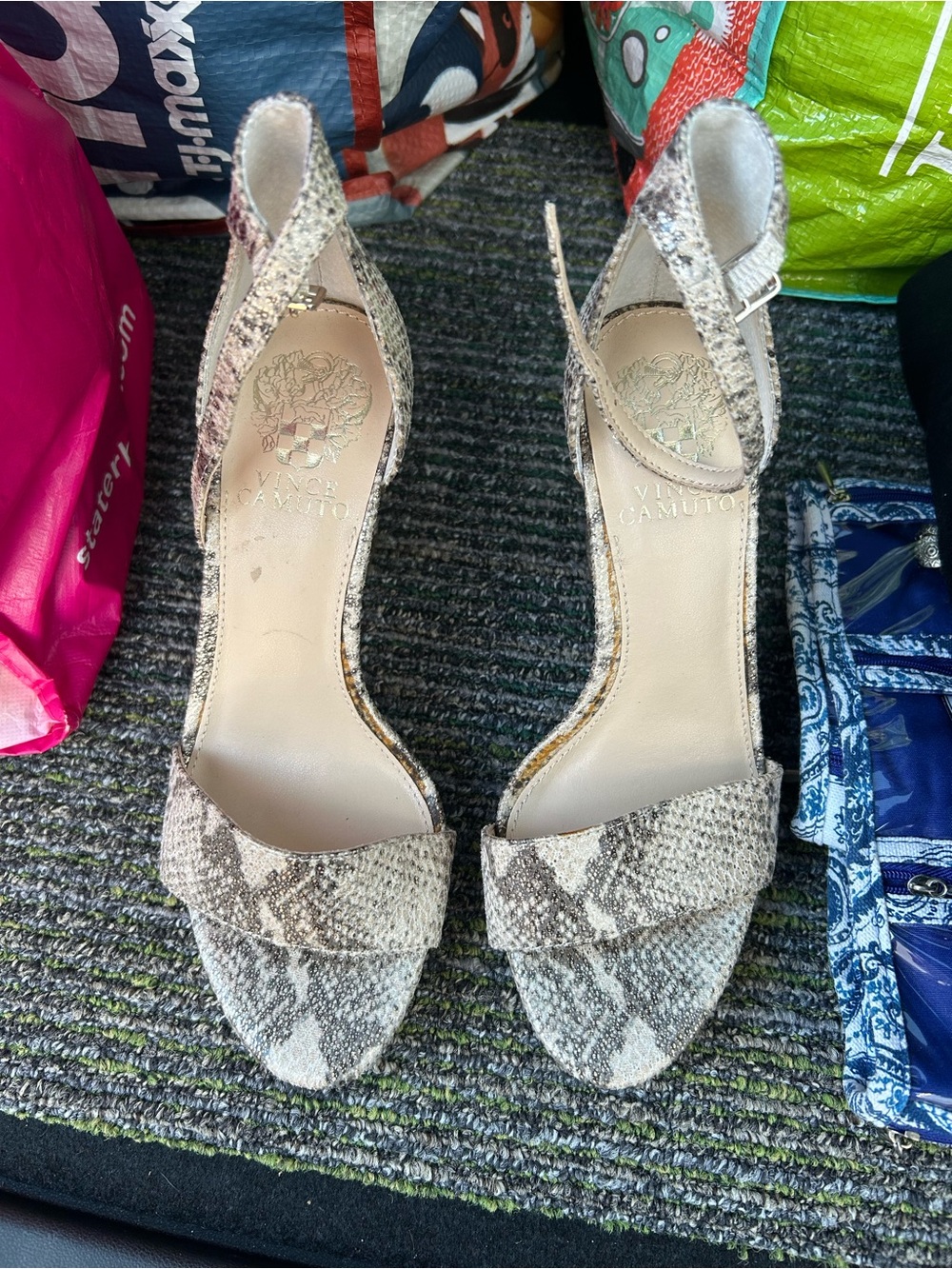 Vince Camuto Women's Snake-Print Ankle Strap Sandals in Beige